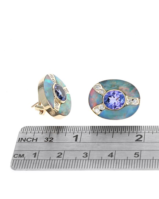 Tanzanite, Opal and Diamond Earrings in Gold